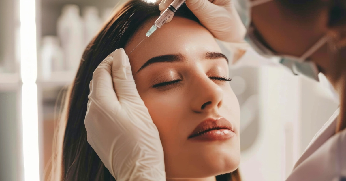 Close-up of a woman receiving a forehead injection with Dermal Fillers in Scottsdale, AZ from a gloved professional wearing a surgical mask.